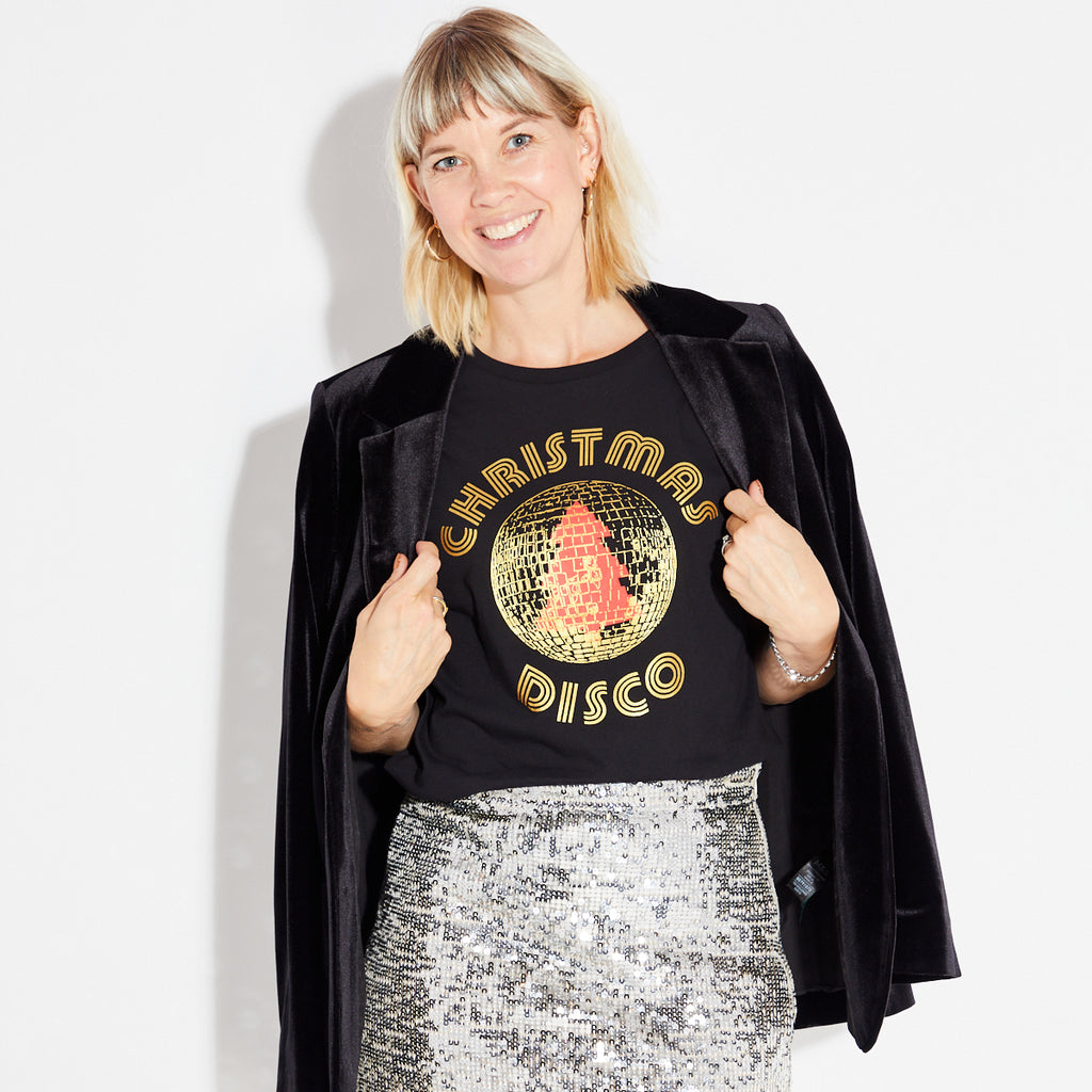 Disko Kids christmas disco tshirt disco ball tree black & gold womens partywear