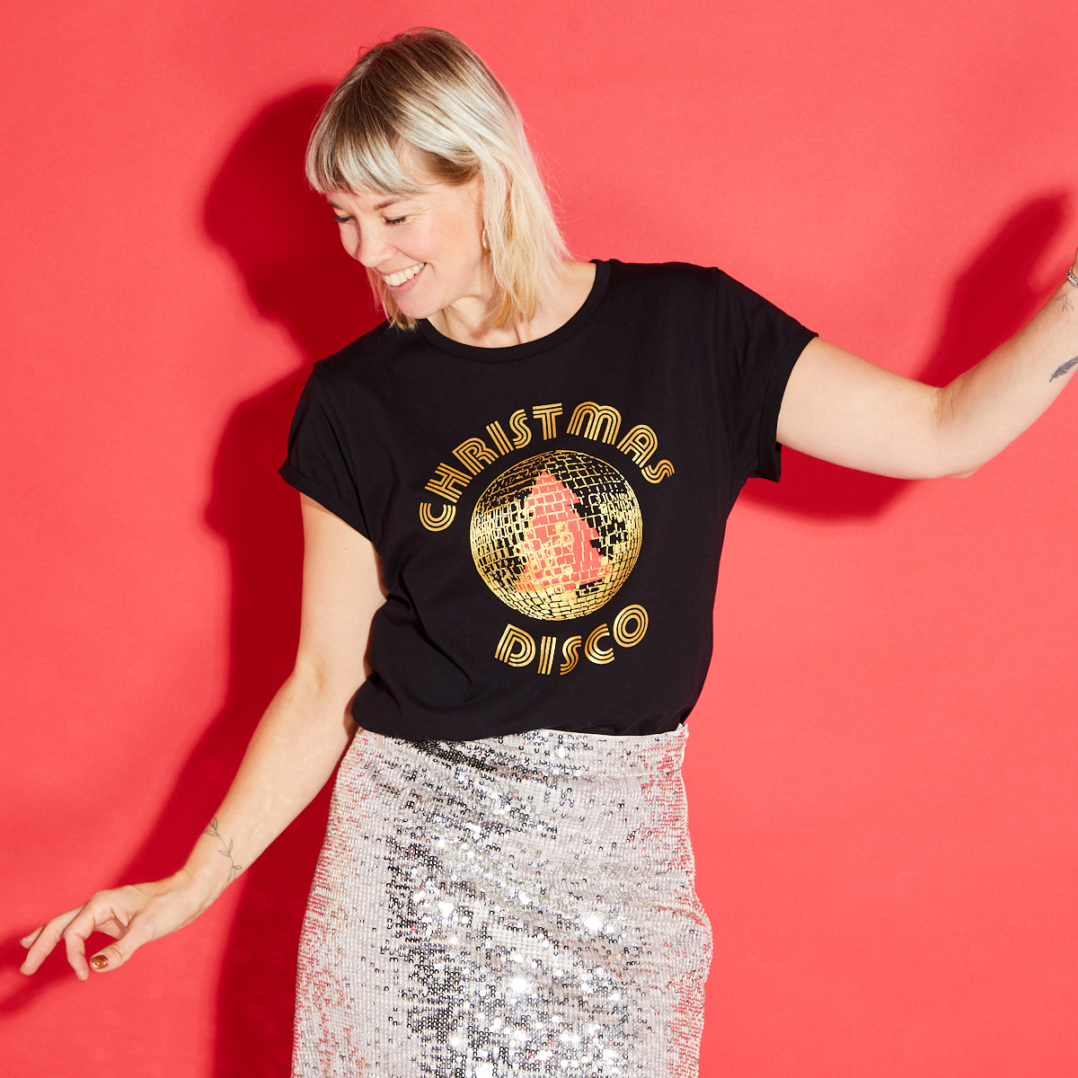 Disko Kids christmas disco tshirt disco ball tree black & gold womens partywear