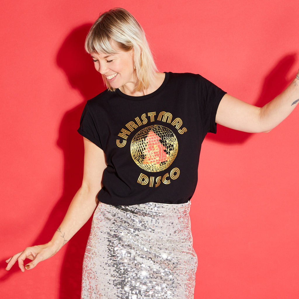 Disko Kids christmas disco tshirt disco ball tree black & gold womens partywear