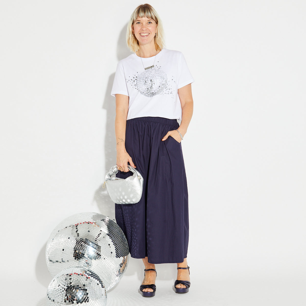 Disco Down White Tshirt Shattered Disco Ball Design with Navy A Line skirt - Disko Kids 