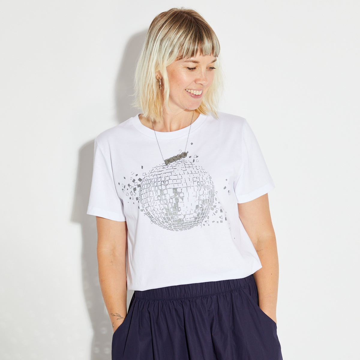Disco Down White Tshirt Shattered Disco Ball Design - Disko Kids 