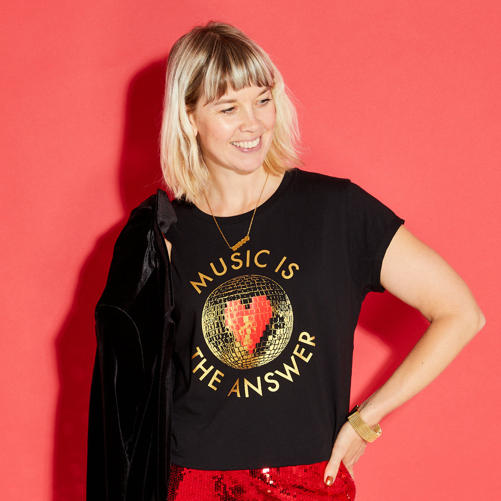 Womens black t-shirt with 'Music is the Answer' text around a gold discoball - Disko Kids
