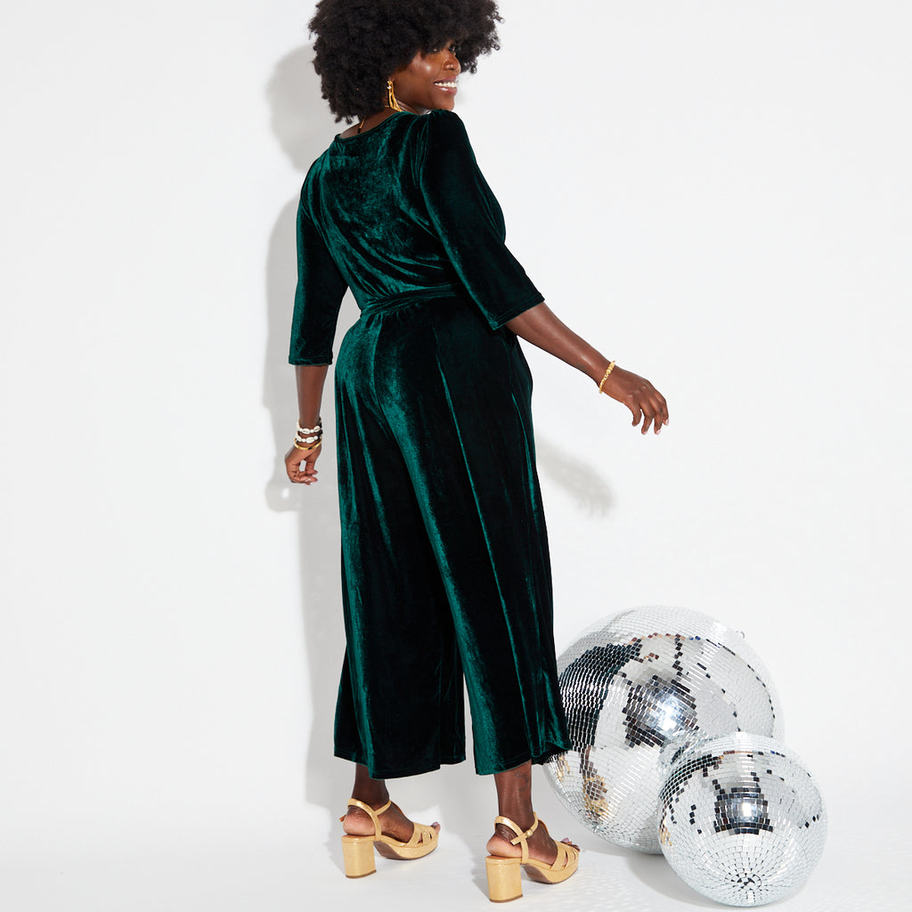Green Velvet v neck wide leg jumpsuit