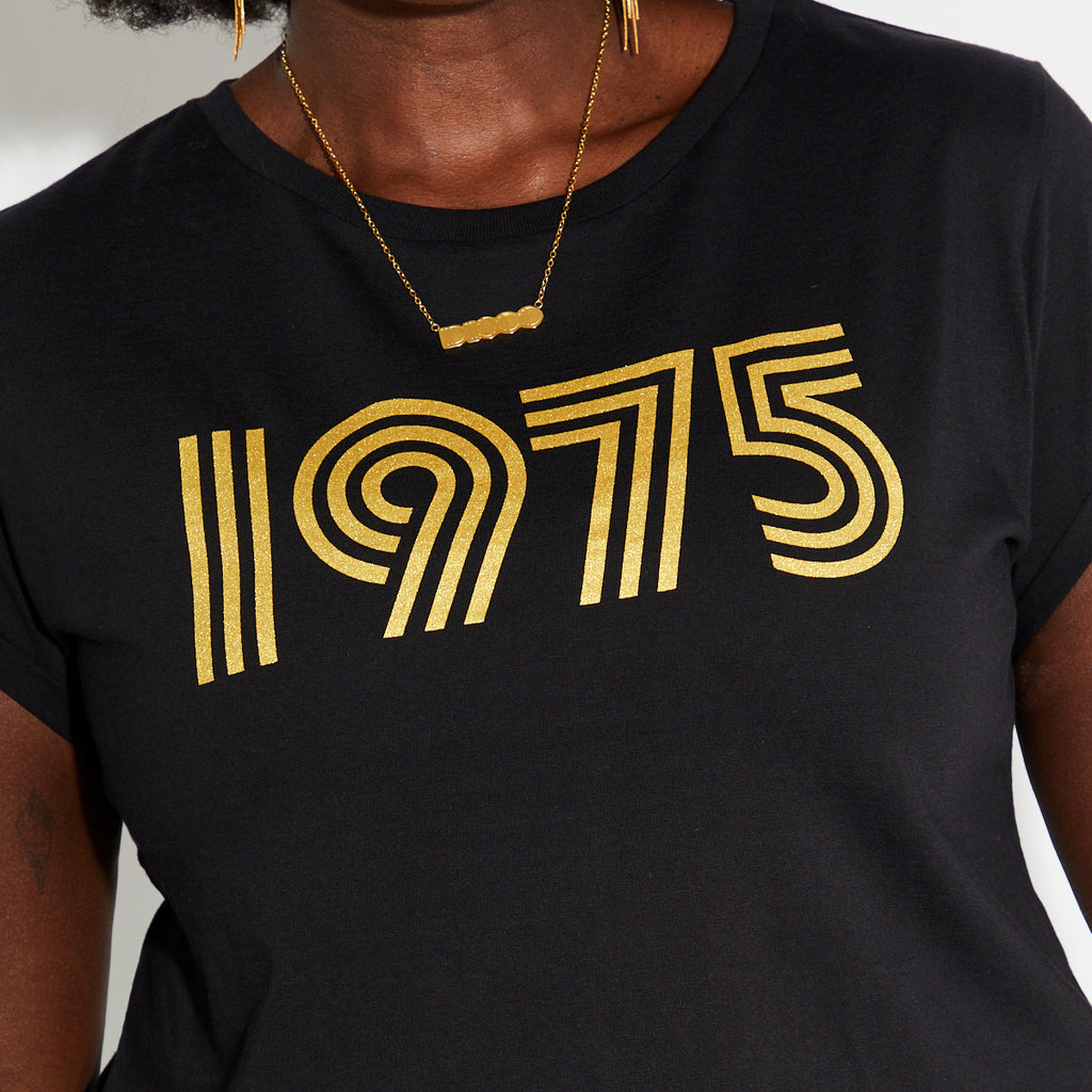 Womens 1975 black tshirt with gold print - Disko Kids