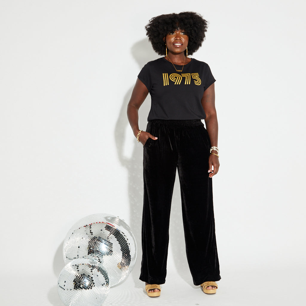 Womens 1975 black tshirt with gold print - Disko Kids