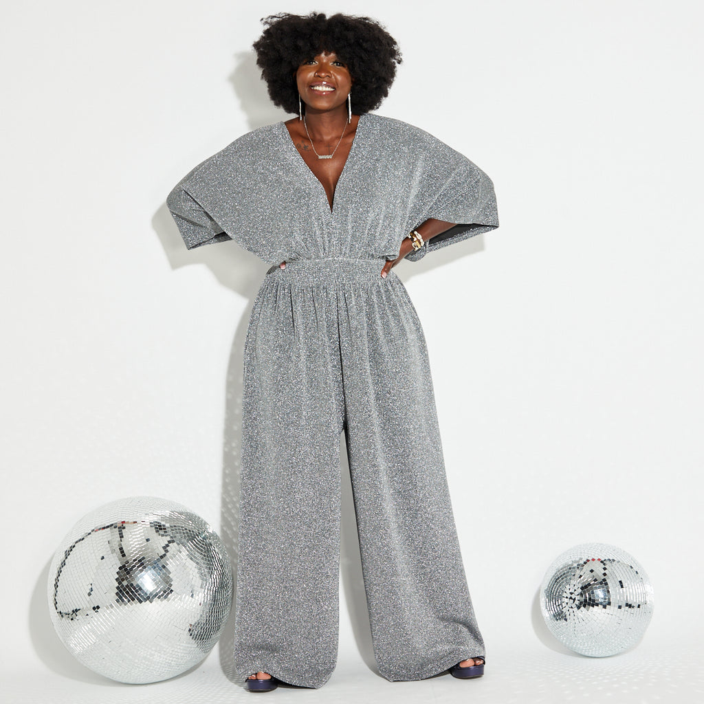 Disko Kids silver sparkly glitter wide leg v neck jumpsuit retro disco 