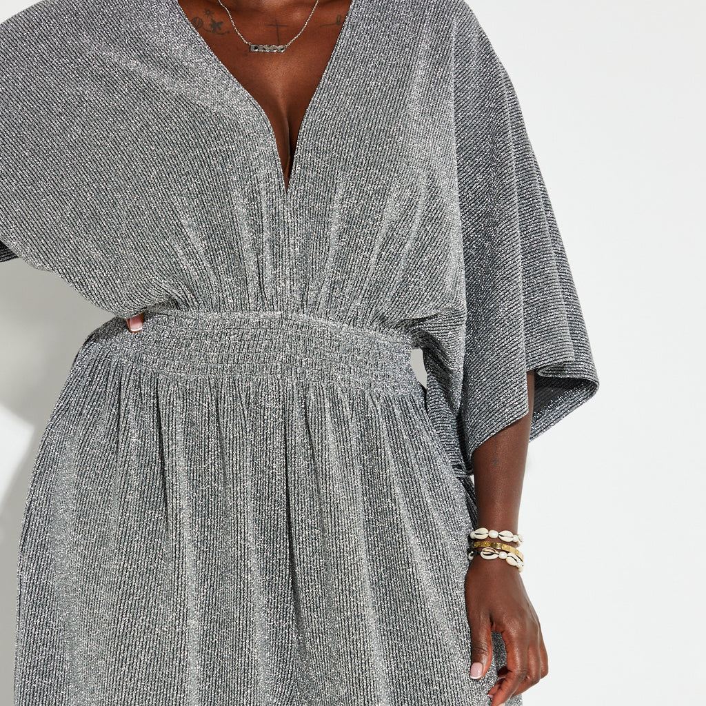Disko Kids silver sparkly glitter wide leg v neck jumpsuit retro disco 