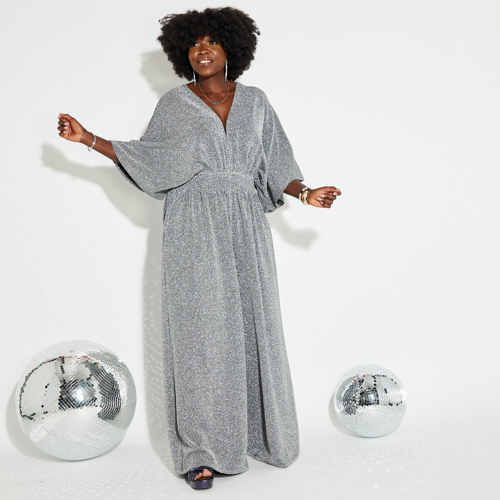 Disko Kids silver sparkly glitter wide leg v neck jumpsuit retro disco 