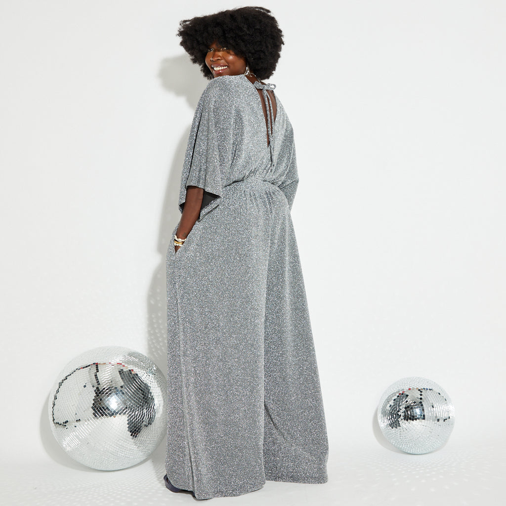 Disko Kids silver sparkly glitter wide leg v neck jumpsuit retro disco 