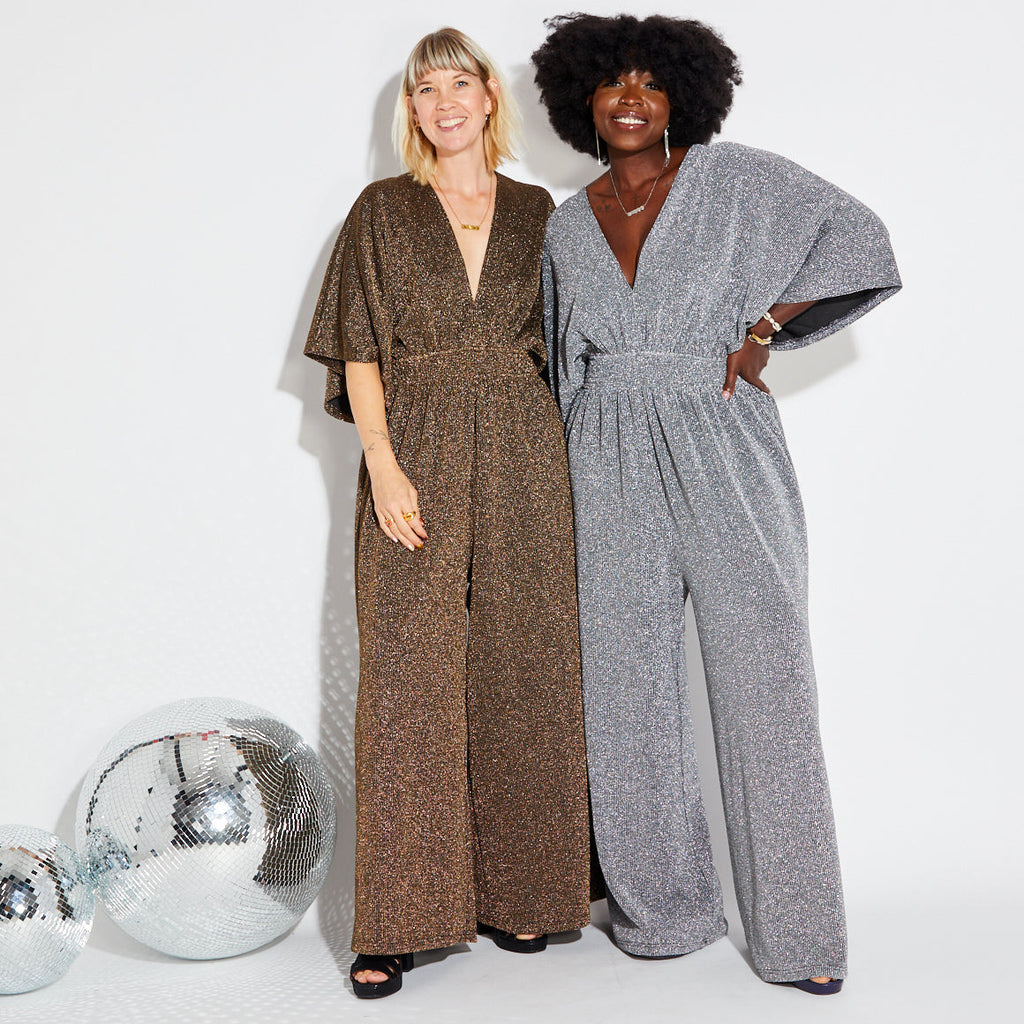 Disko Kids gold and silver sparkly glitter wide leg v neck jumpsuit retro disco 