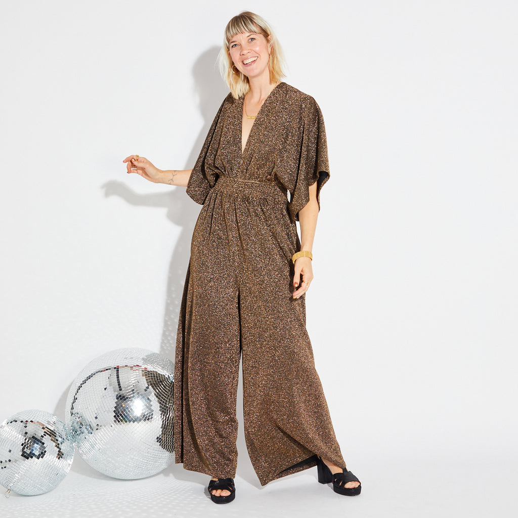 Disko Kids gold sparkly glitter wide leg v neck jumpsuit retro disco 