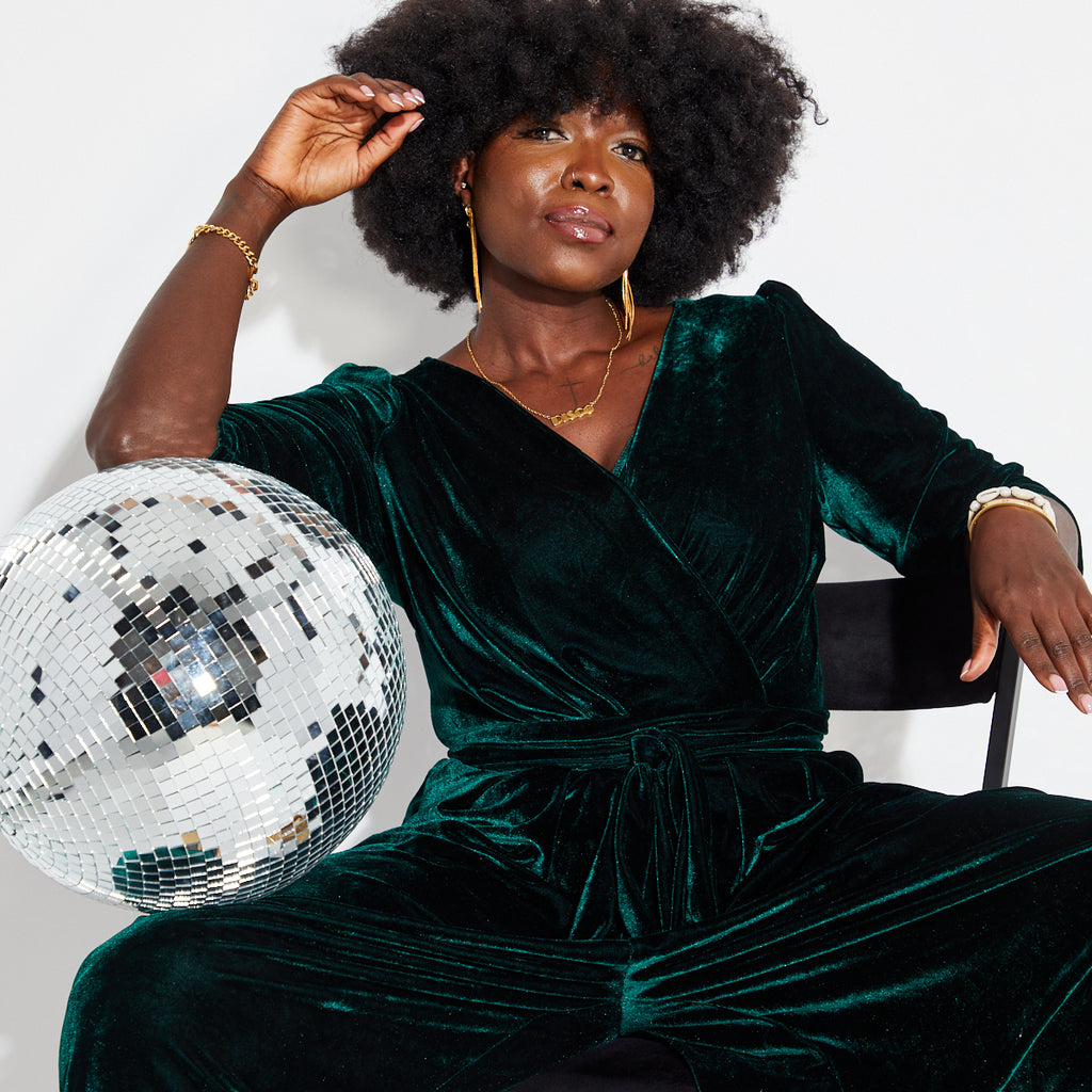 Green Velvet v neck wide leg jumpsuit