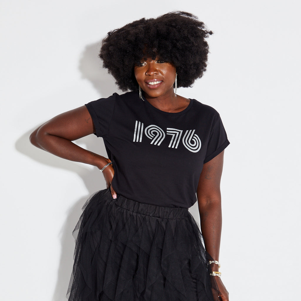 Womens 1976 black tshirt with silver print - Disko Kids
