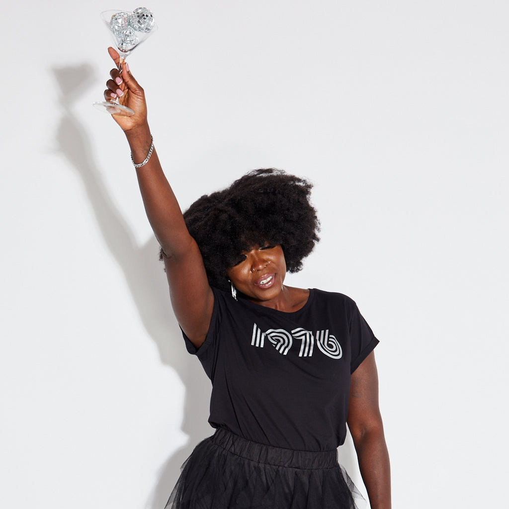 Womens 1976 black tshirt with silver print - Disko Kids