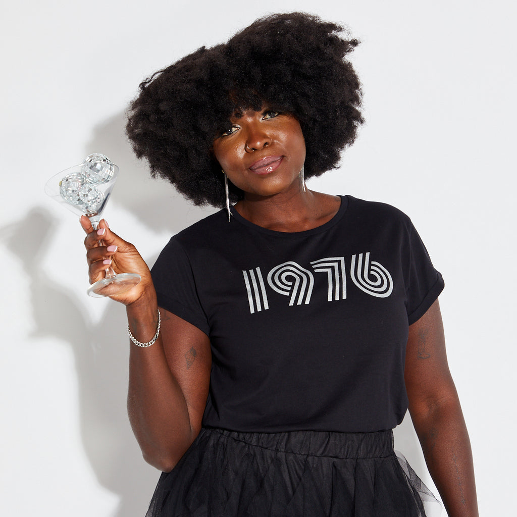Womens 1976 black tshirt with silver print - Disko Kids