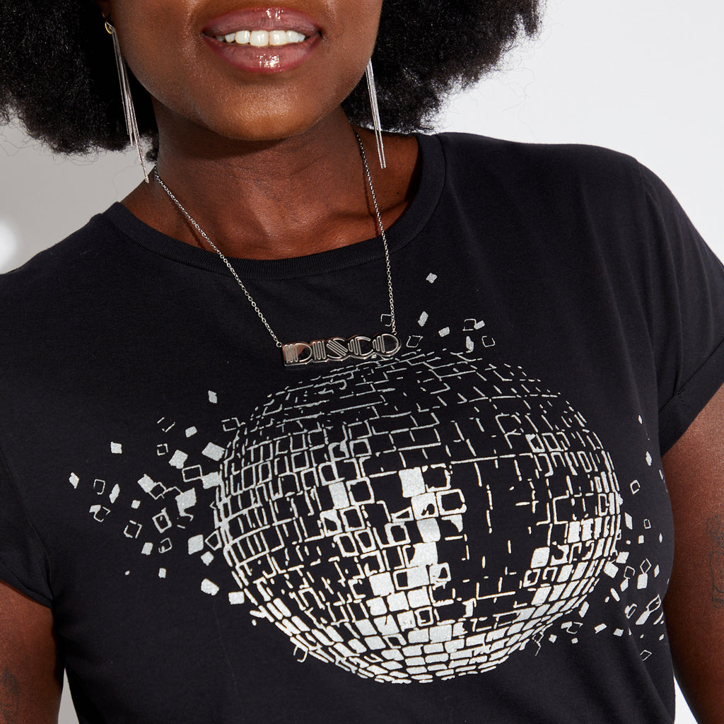 Womens black tshirt with silver discoball design - Disko Kids