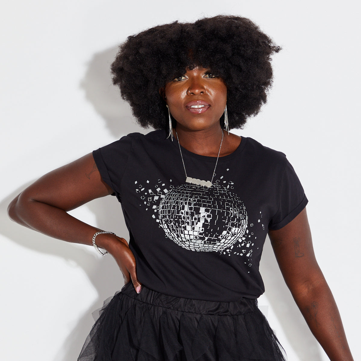 Womens black tshirt with silver discoball design - Disko Kids