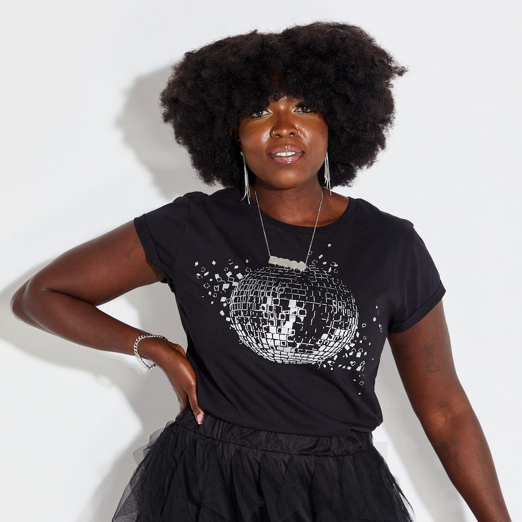 Womens black tshirt with silver discoball design - Disko Kids