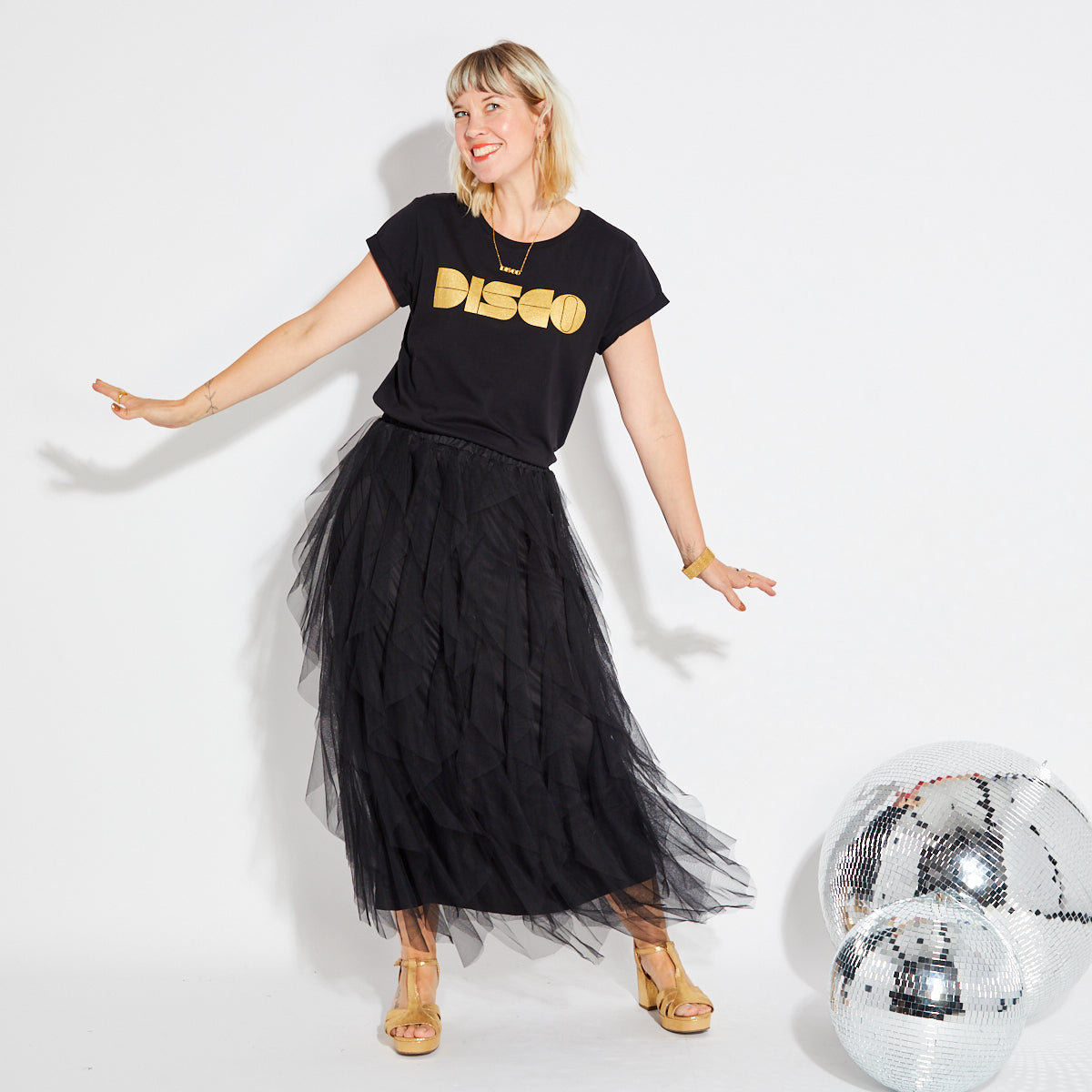 black evening tulle skirt with black and gold disco tshirt