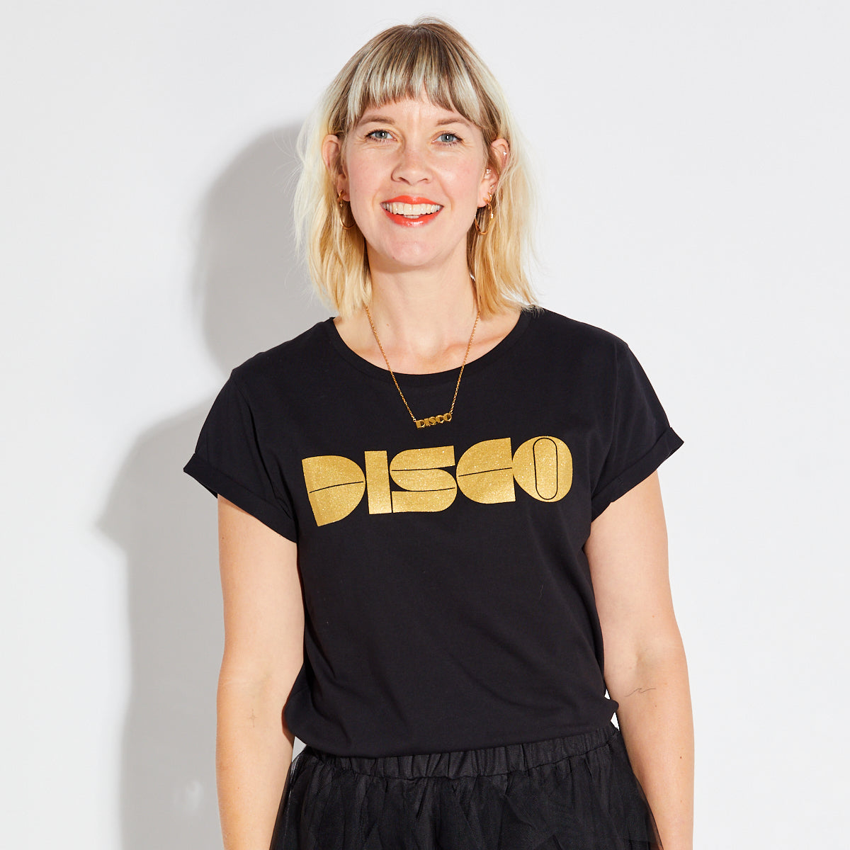 Womens black t-shirt with gold 'DISCO' print - Disko Kids