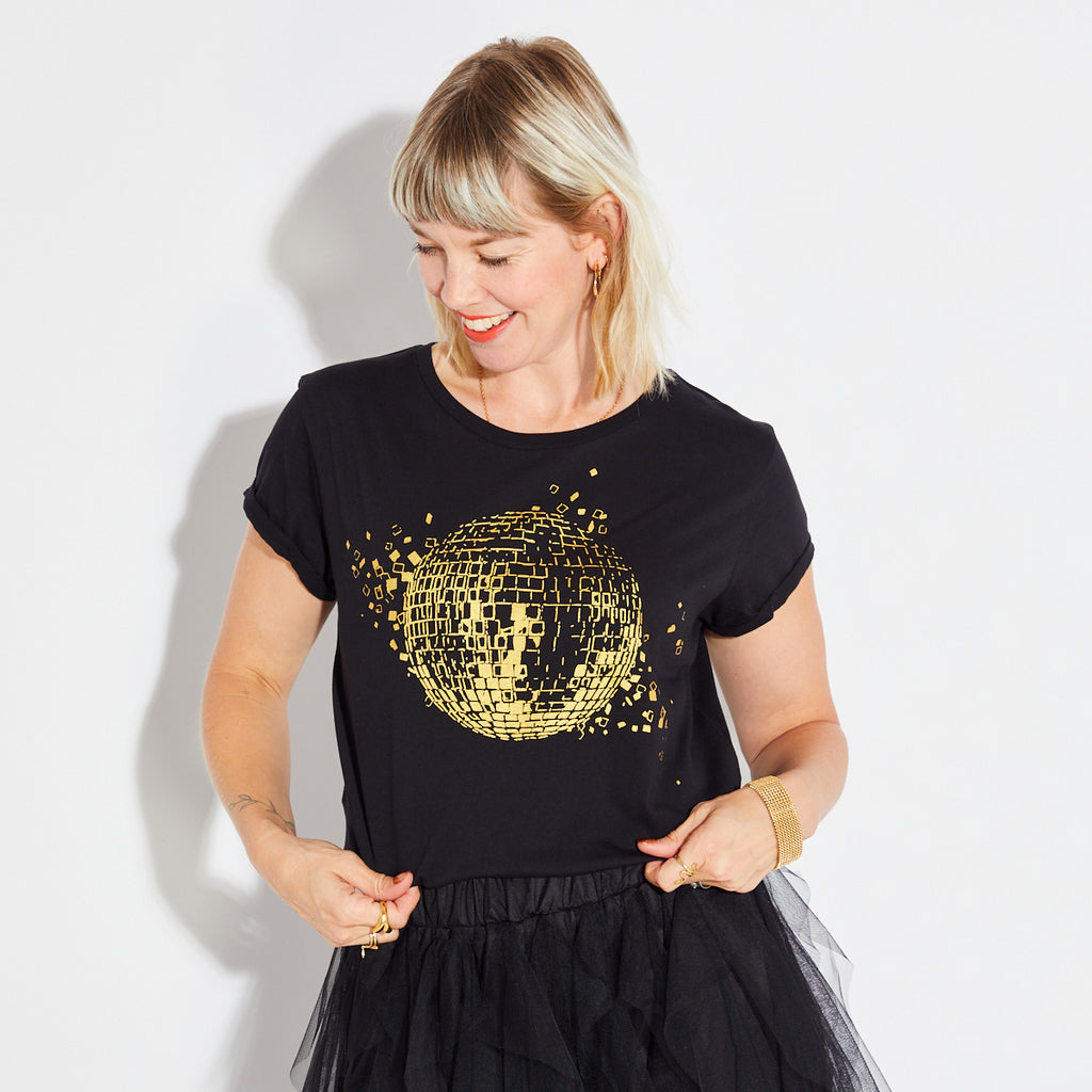 Womens black tshirt with gold discoball design - Disko Kids
