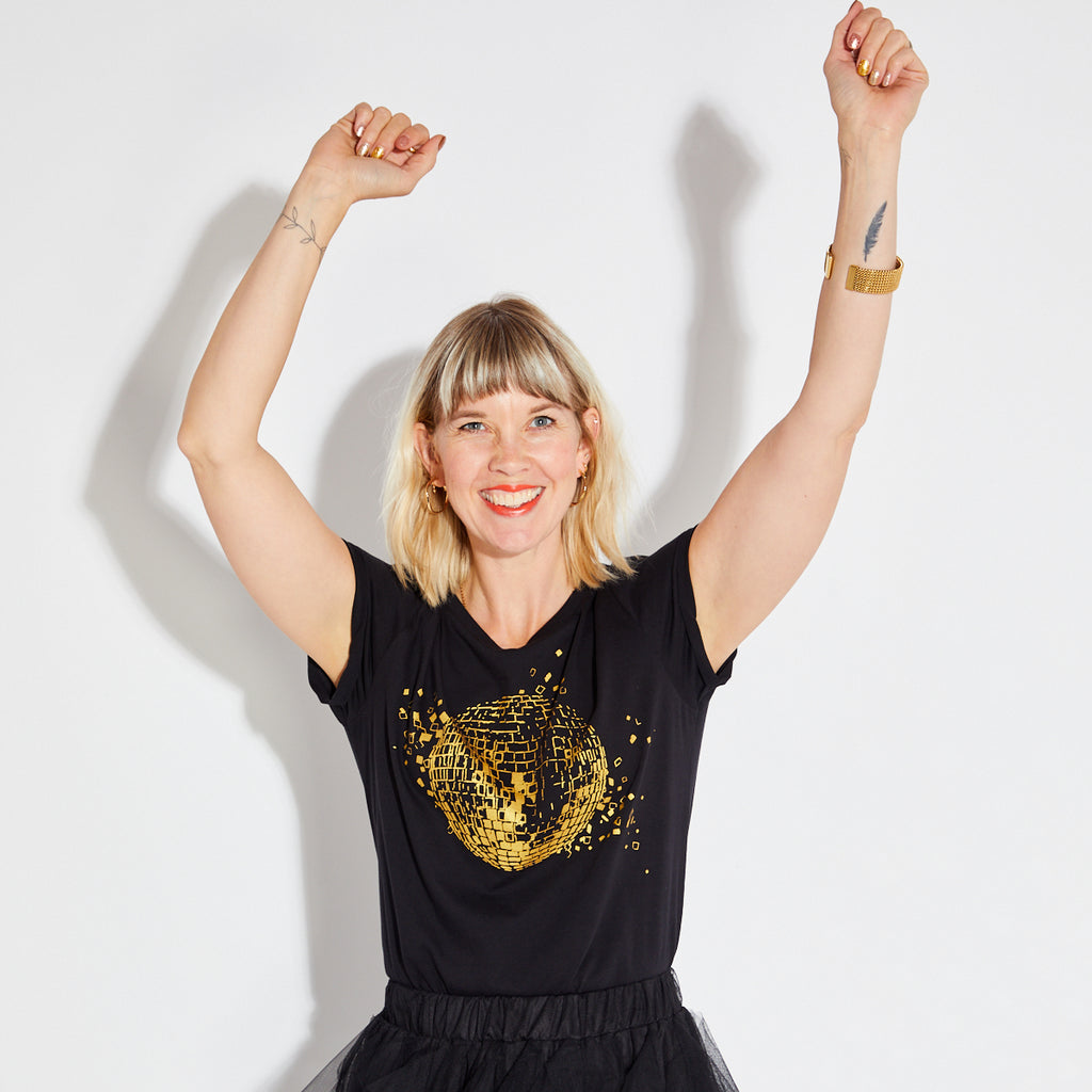 Womens black tshirt with gold discoball design - Disko Kids