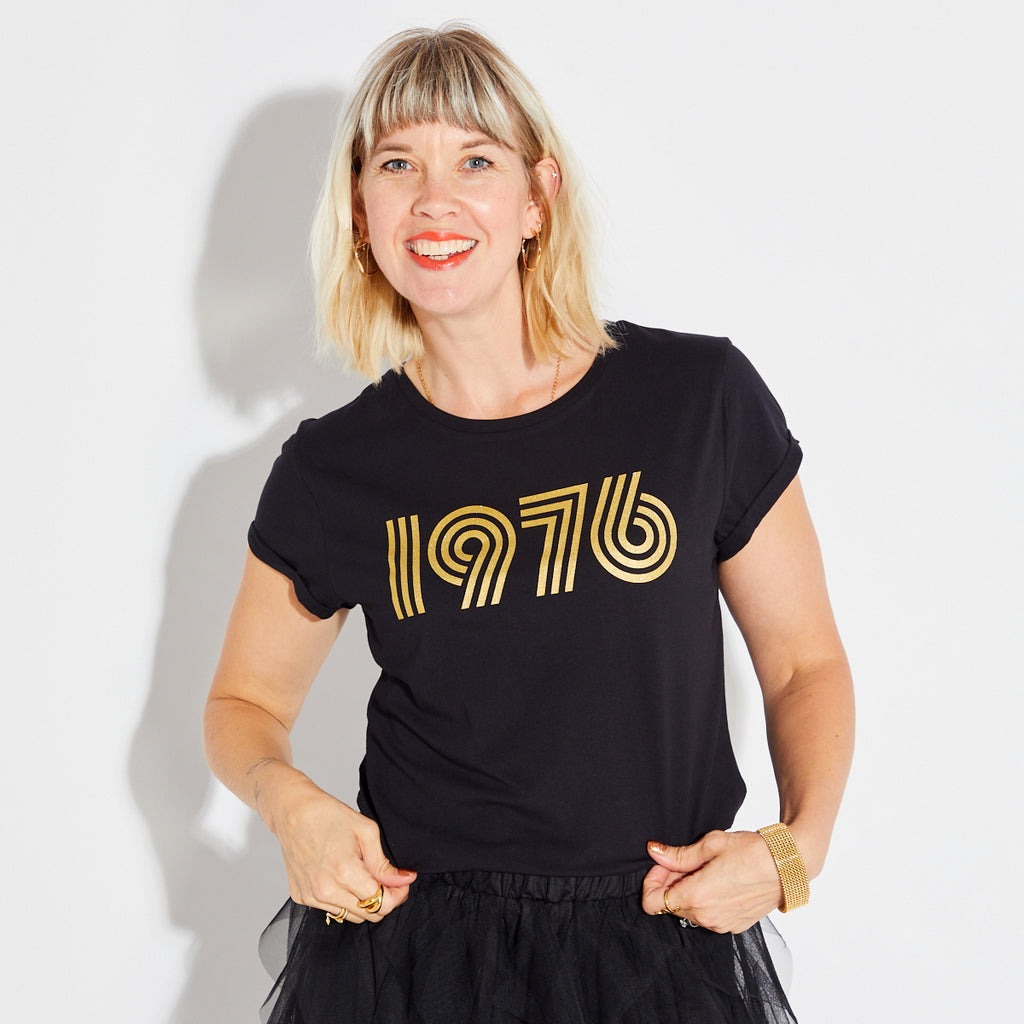 Womens 1976 black tshirt with gold print - Disko Kids