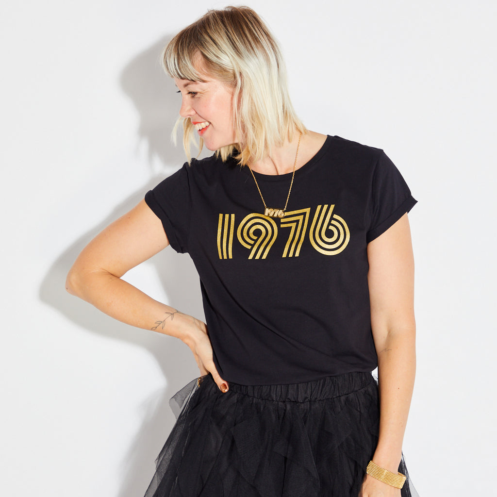 Womens 1976 black tshirt with gold print - Disko Kids