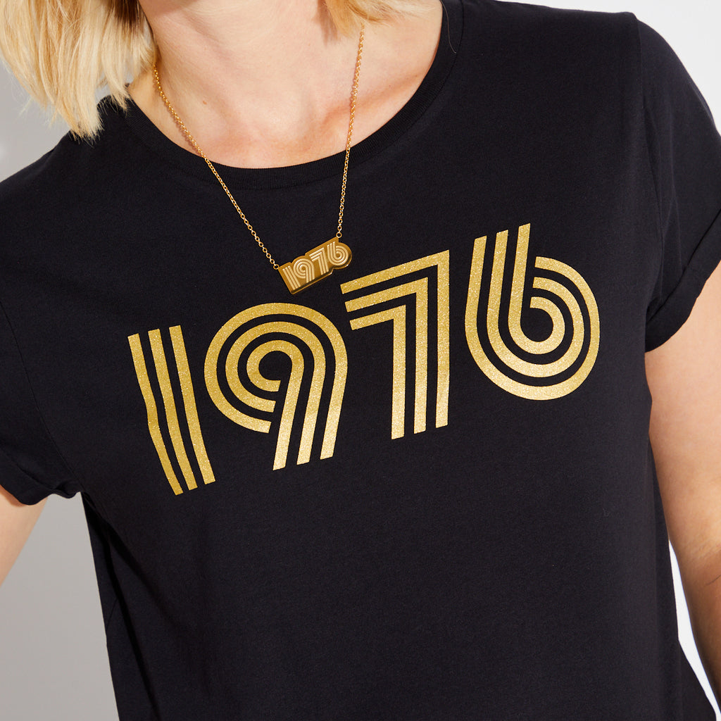 Womens 1976 black tshirt with gold print - Disko Kids
