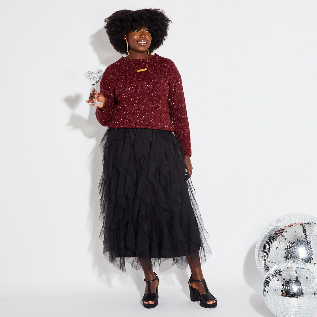 berry burgundy sparkly knit jumper and black tulle skirt