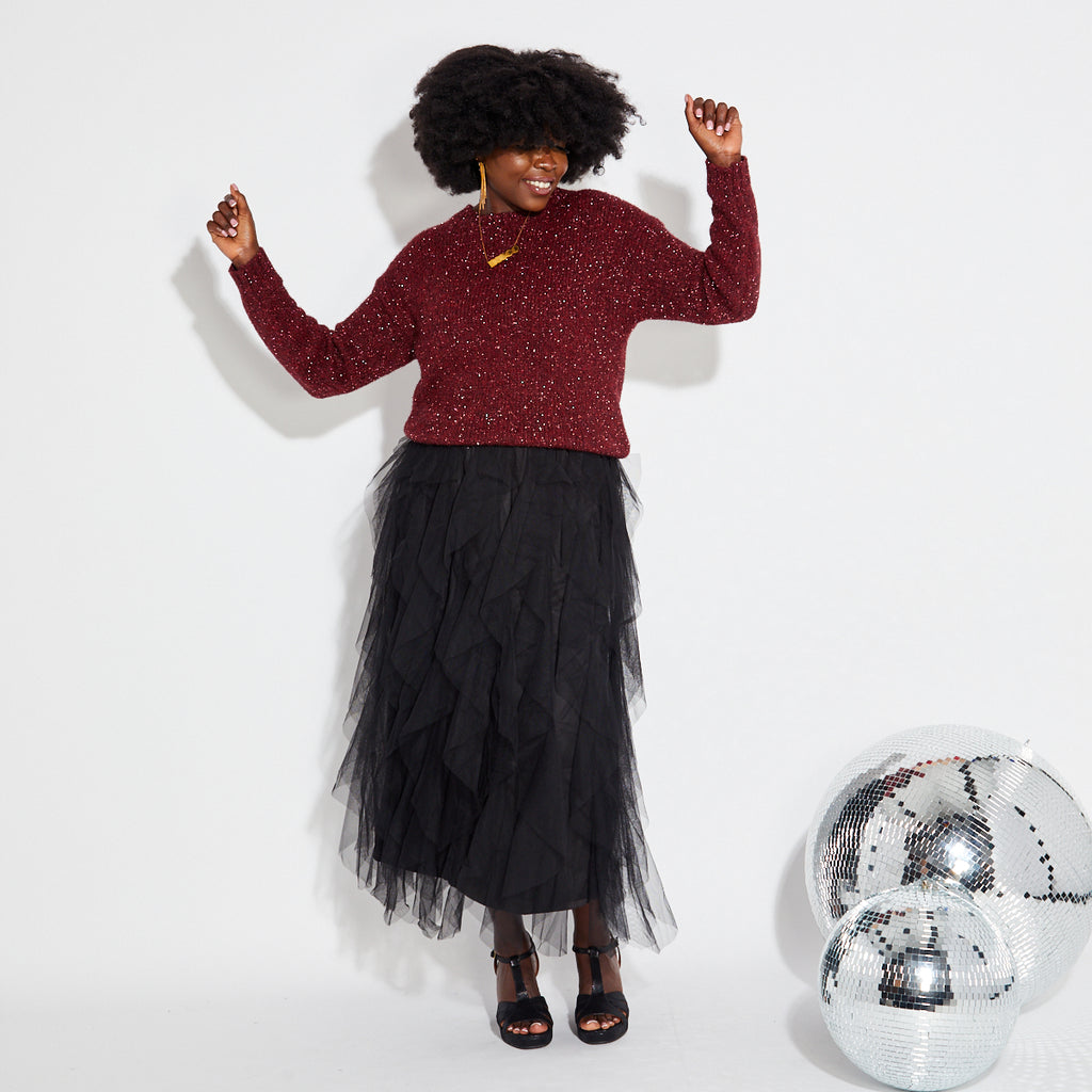 berry burgundy sparkly knit jumper and black tulle skirt