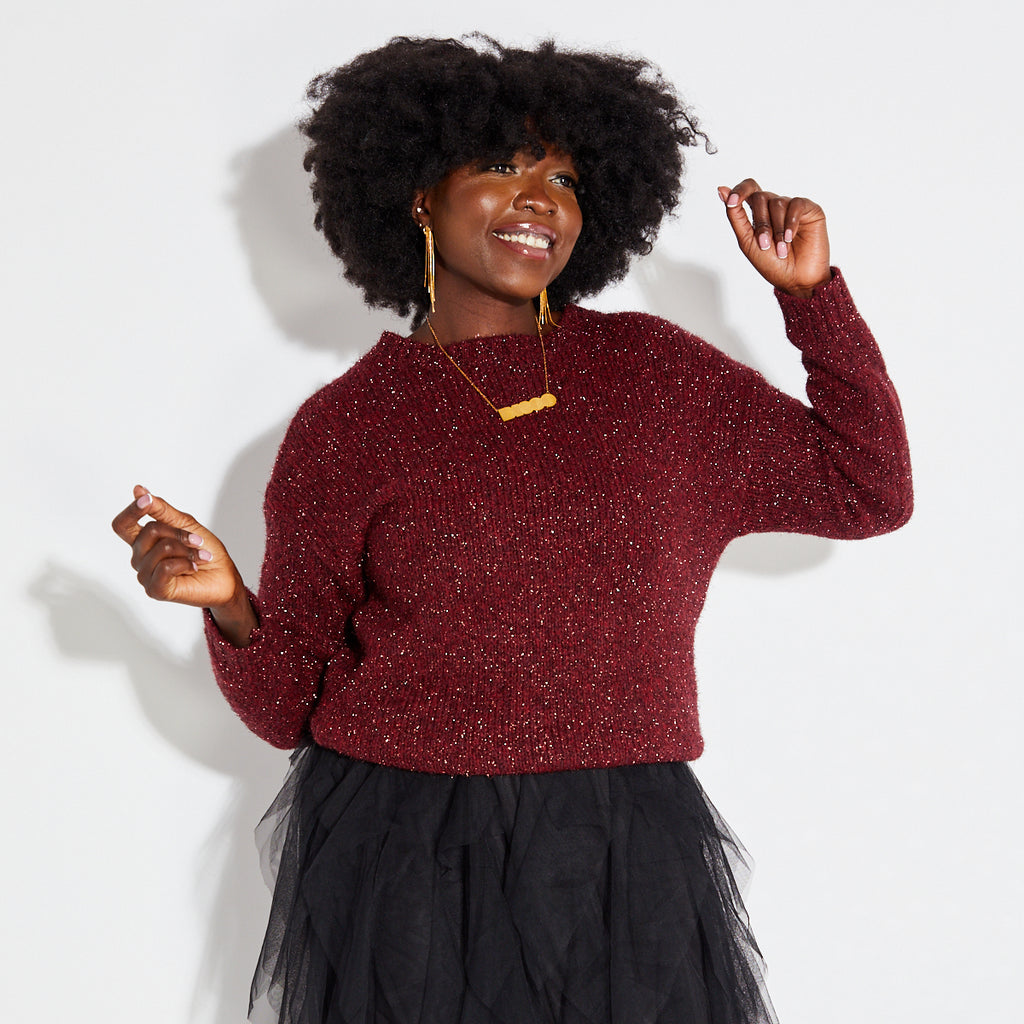berry burgundy sparkly knit jumper and black tulle skirt