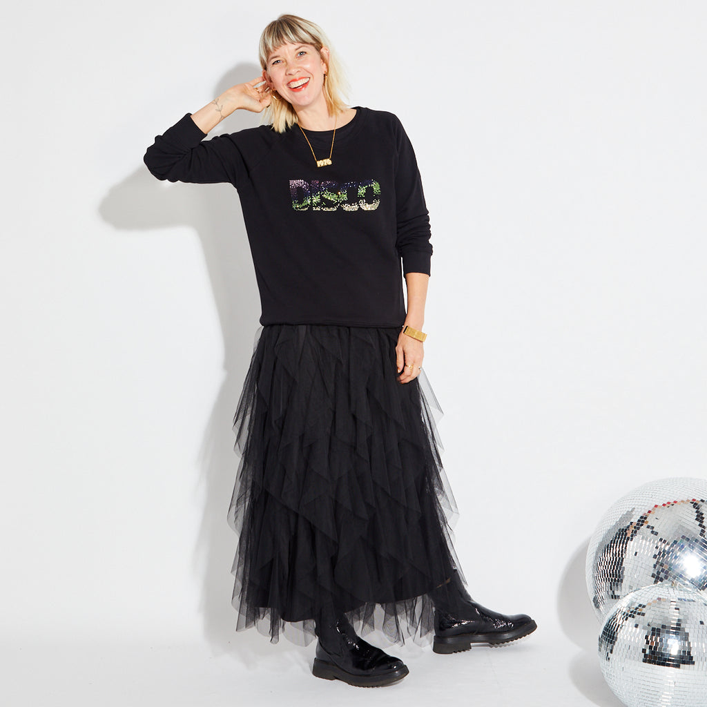 sparkly disco embellished sweatshirt and tulle skirt
