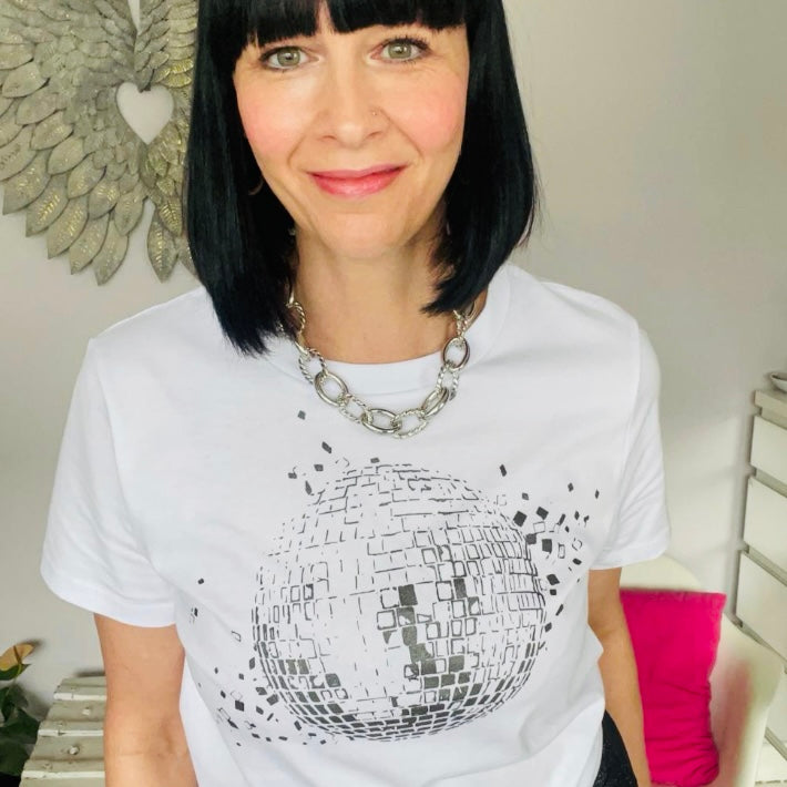 Disco Down White Tshirt Shattered Disco Ball Design - Disko Kids 