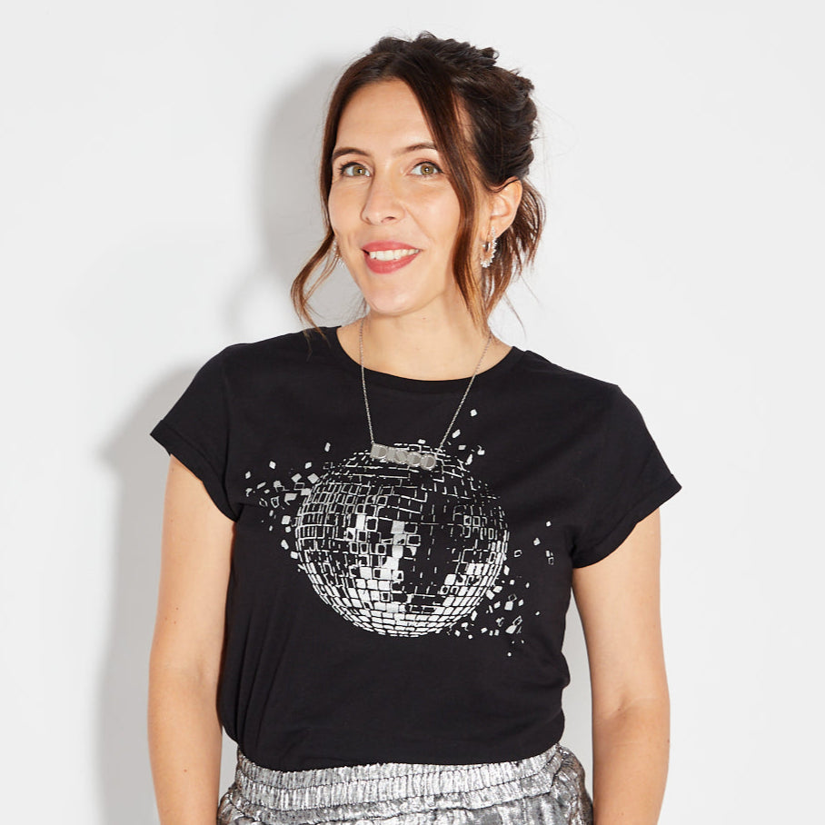 Womens black tshirt with silver discoball design - Disko Kids