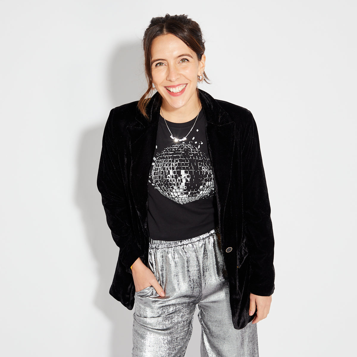 Womens black tshirt with silver discoball design - Disko Kids