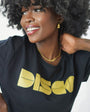 Womens black t-shirt with gold 'DISCO' print - Disko Kids