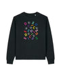 A black sweatshirt with a colourful graphic word disco on front