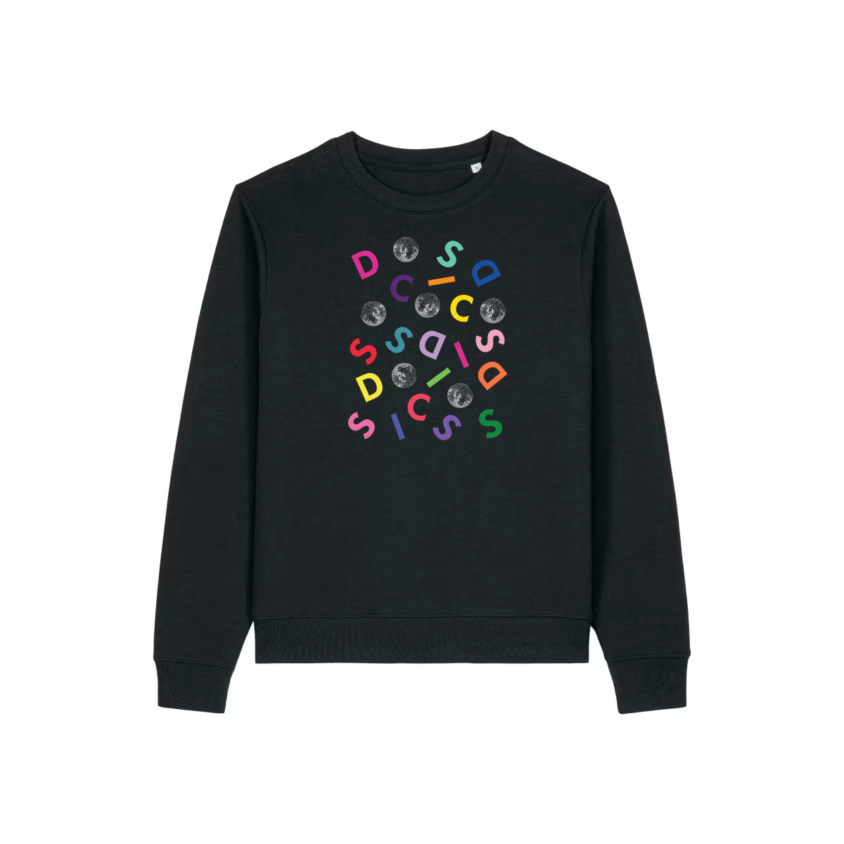 A black sweatshirt with a colourful graphic word disco on front