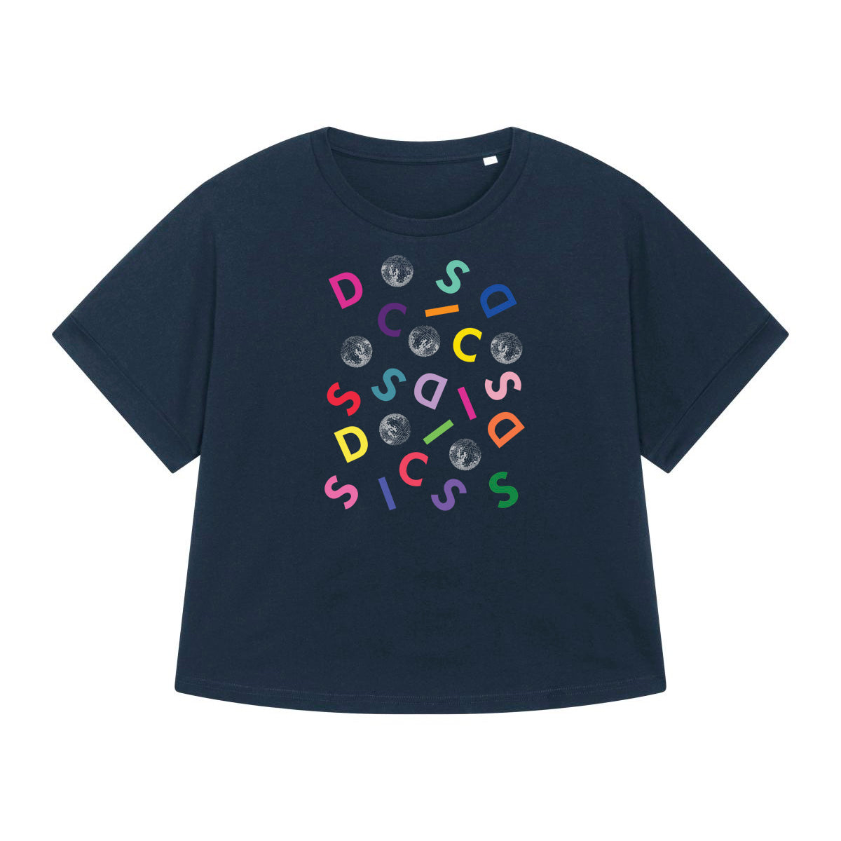 navy disco with letters spelling disco, graphic tshirt with discoball