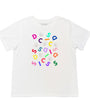 A white  t-shirt with a colourful graphic print disco and disco balls on the front
