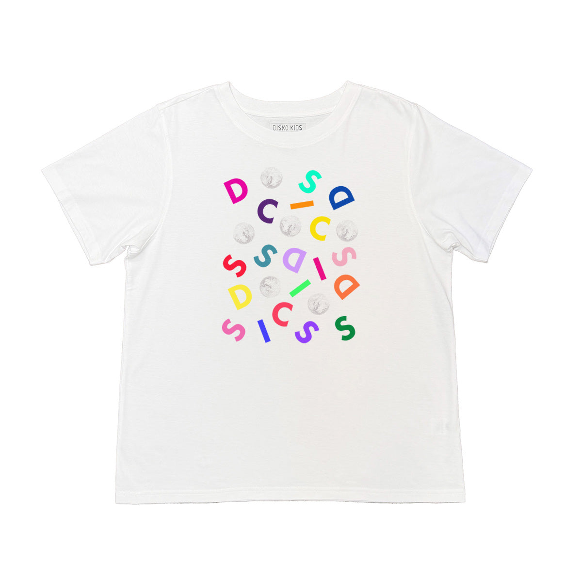 A white  t-shirt with a colourful graphic print disco and disco balls on the front