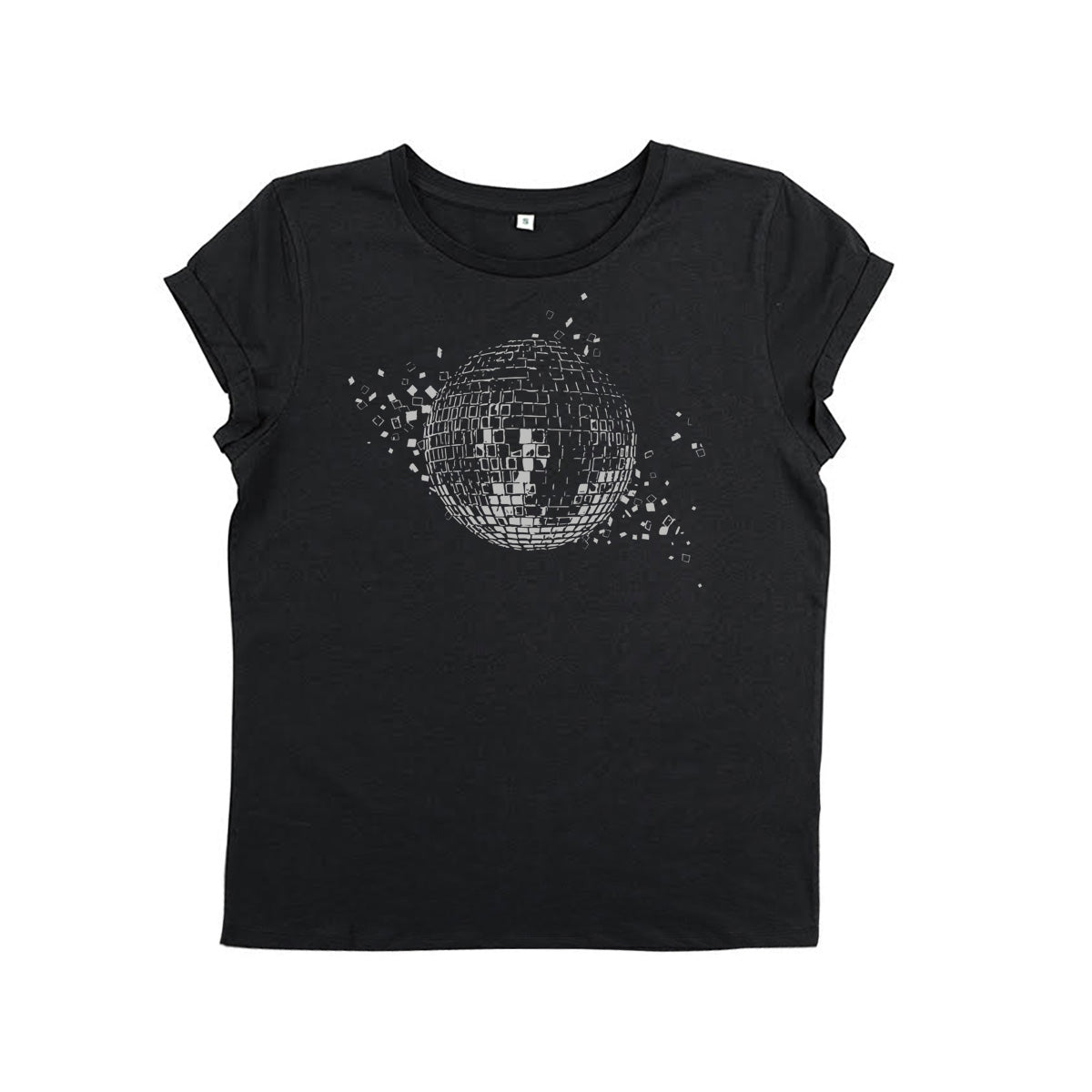 Womens black tshirt with silver discoball design - Disko Kids