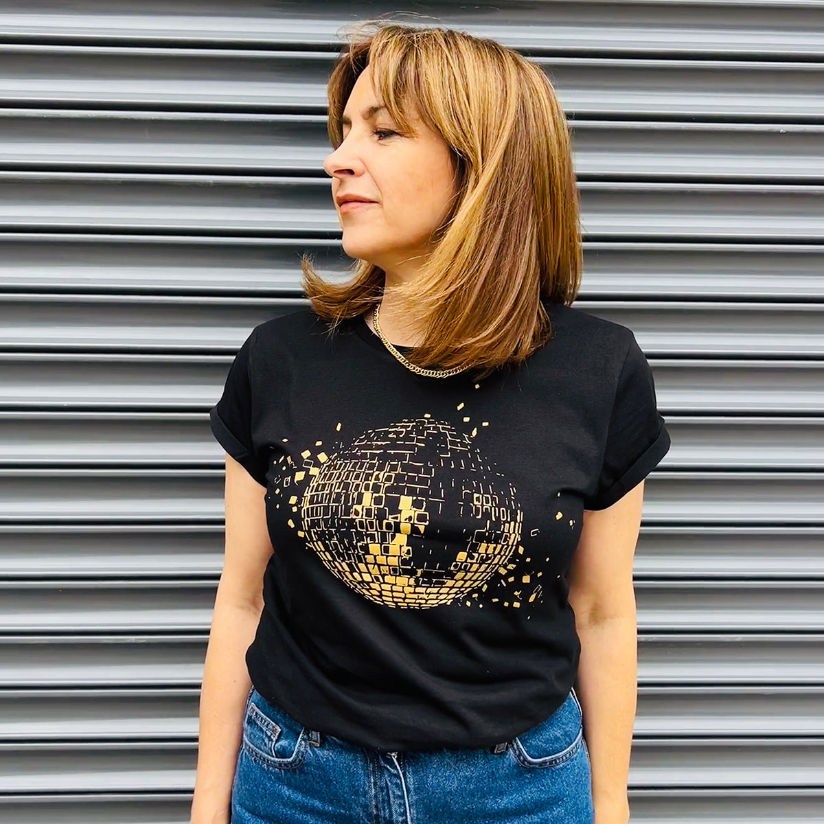 Womens black tshirt with gold discoball design - Disko Kids