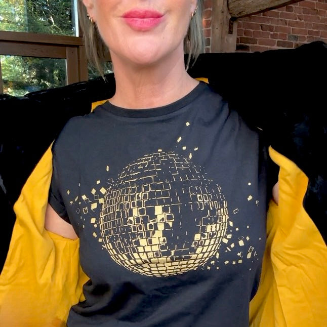 Womens black tshirt with gold discoball design - Disko Kids