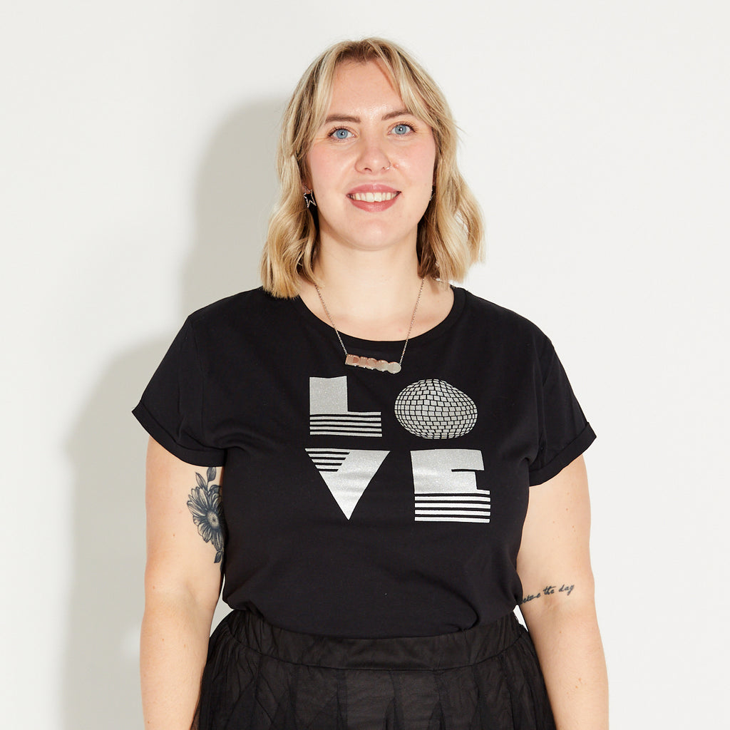 Womens black tshirt with silver 'LOVE' disco ball print - Disko Kids