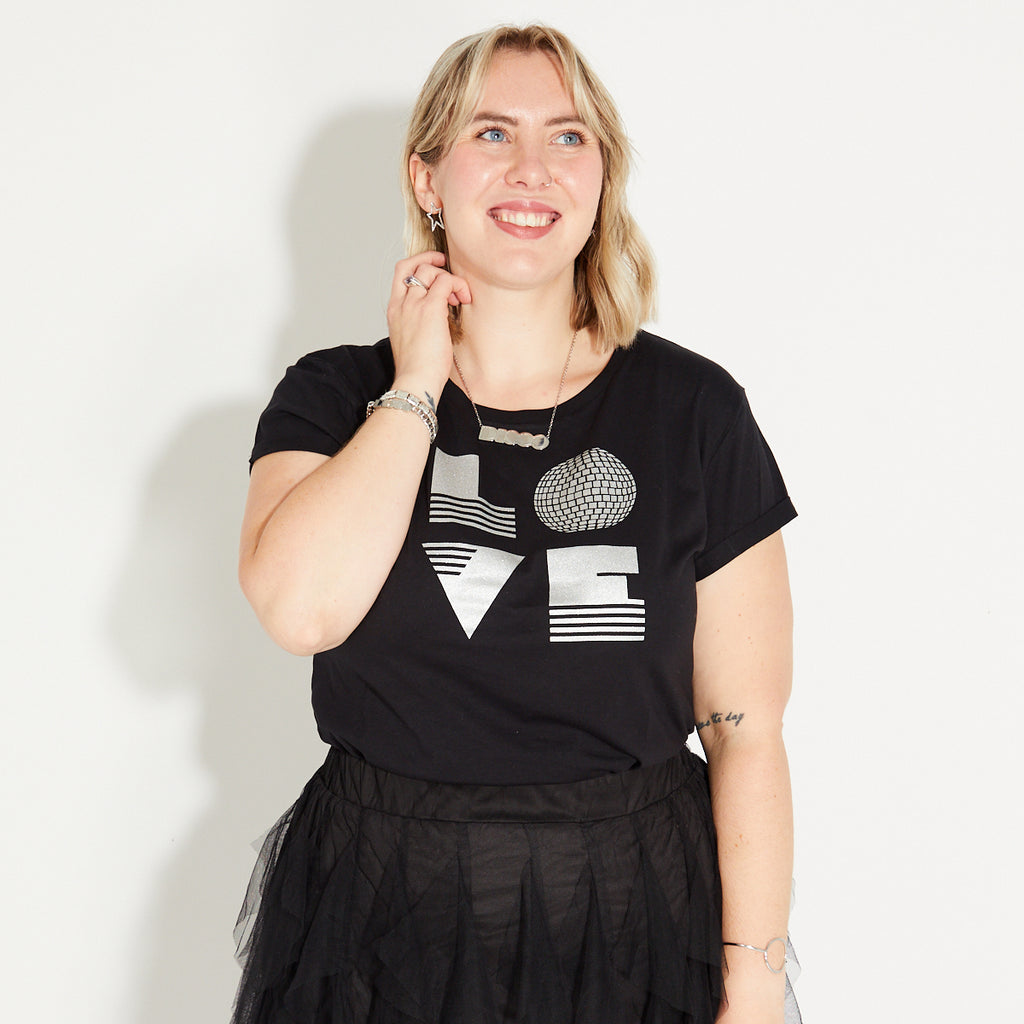Womens black tshirt with silver 'LOVE' disco ball print - Disko Kids