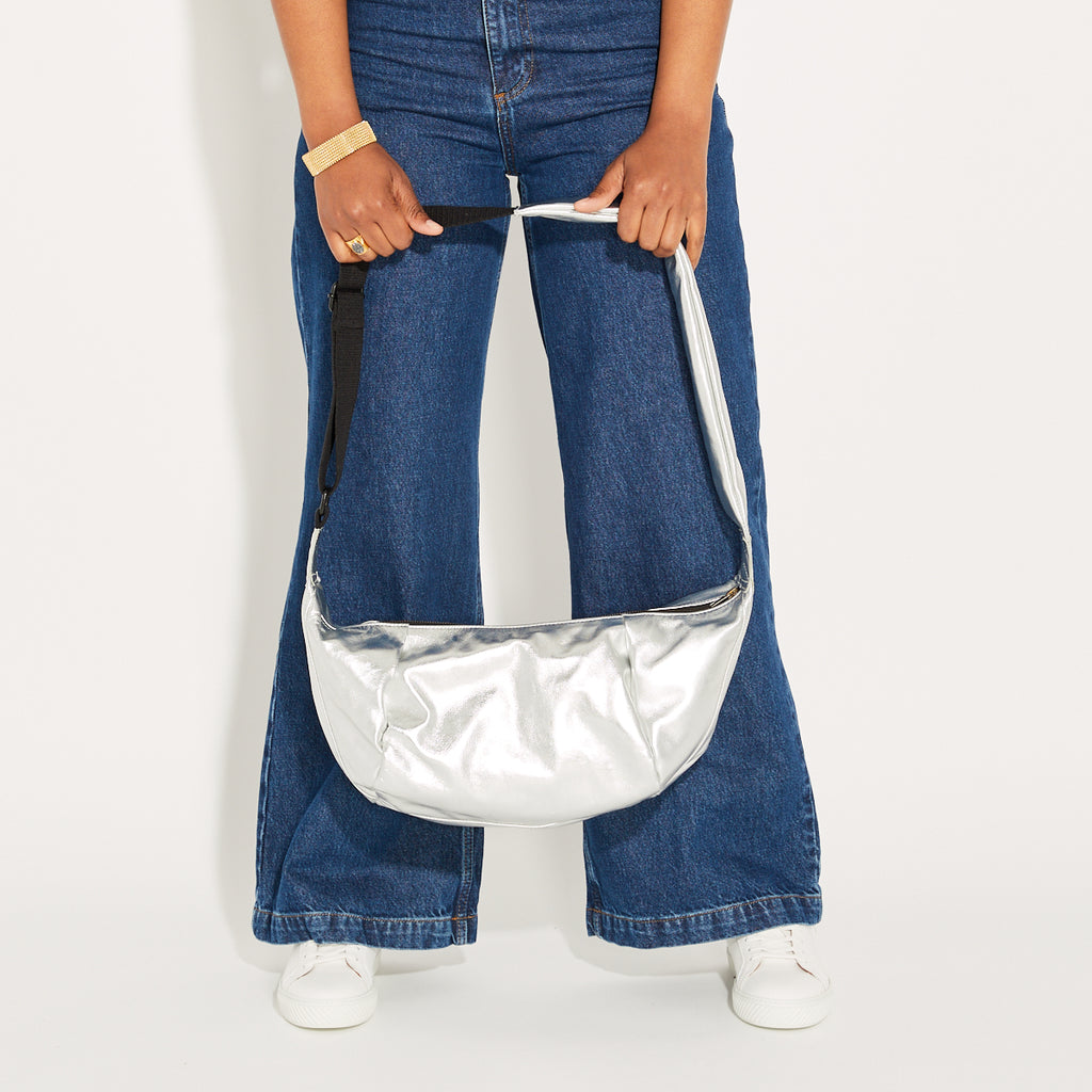 Large Silver Leather Crossbody Bag