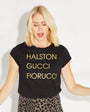 Womens black t-shirt with 'HALSTON GUCCI FIORUCCIO' gold text - Disko Kids