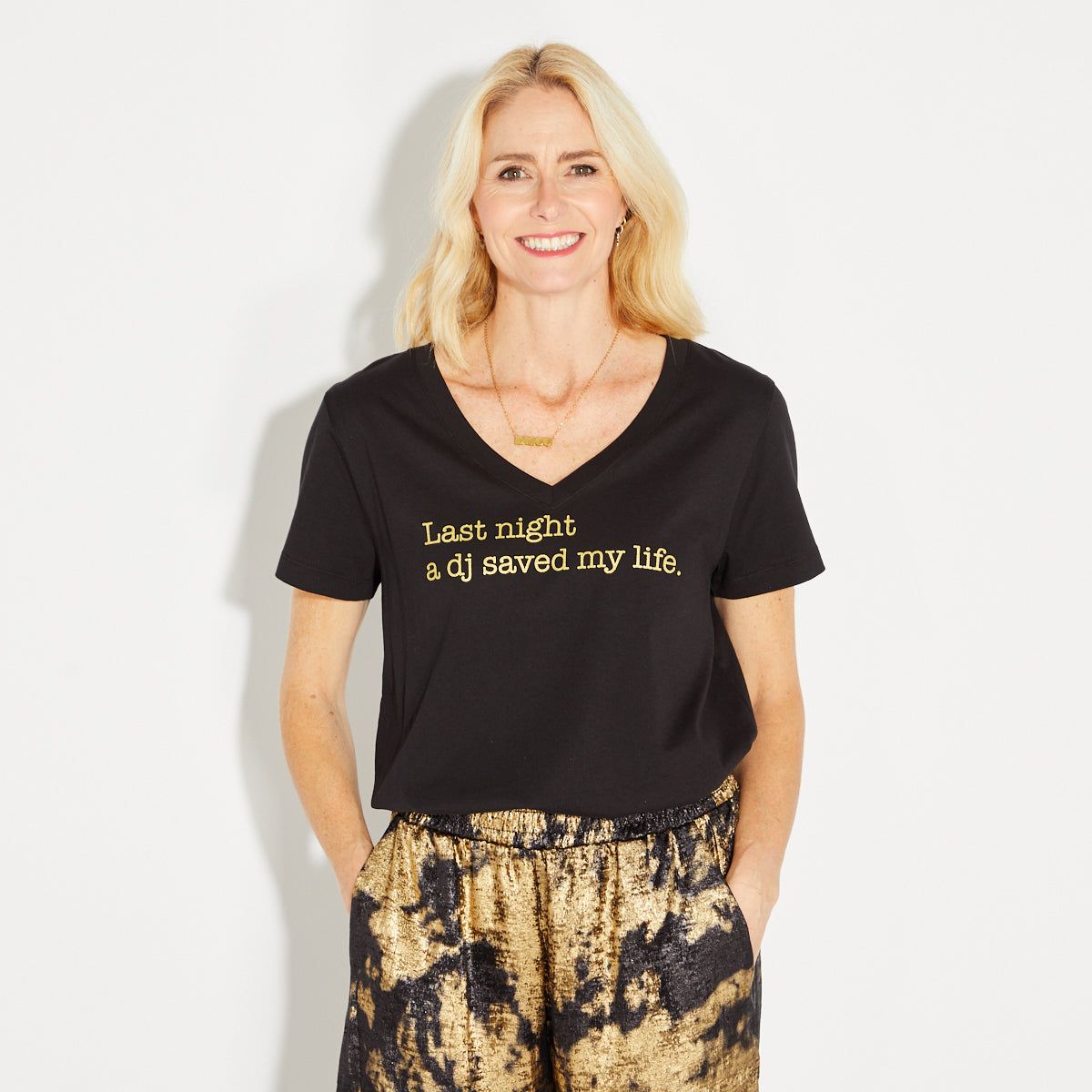 Last Night a DJ V Neck Tshirt Black & Gold - Disko Kids